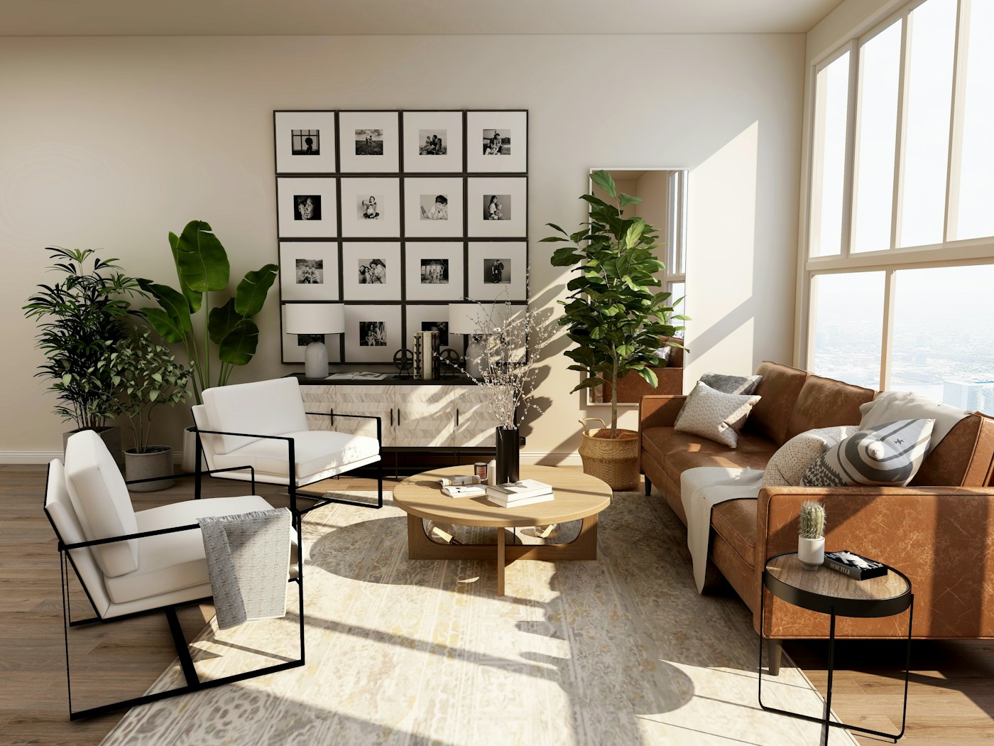 Sunlit living room with plants